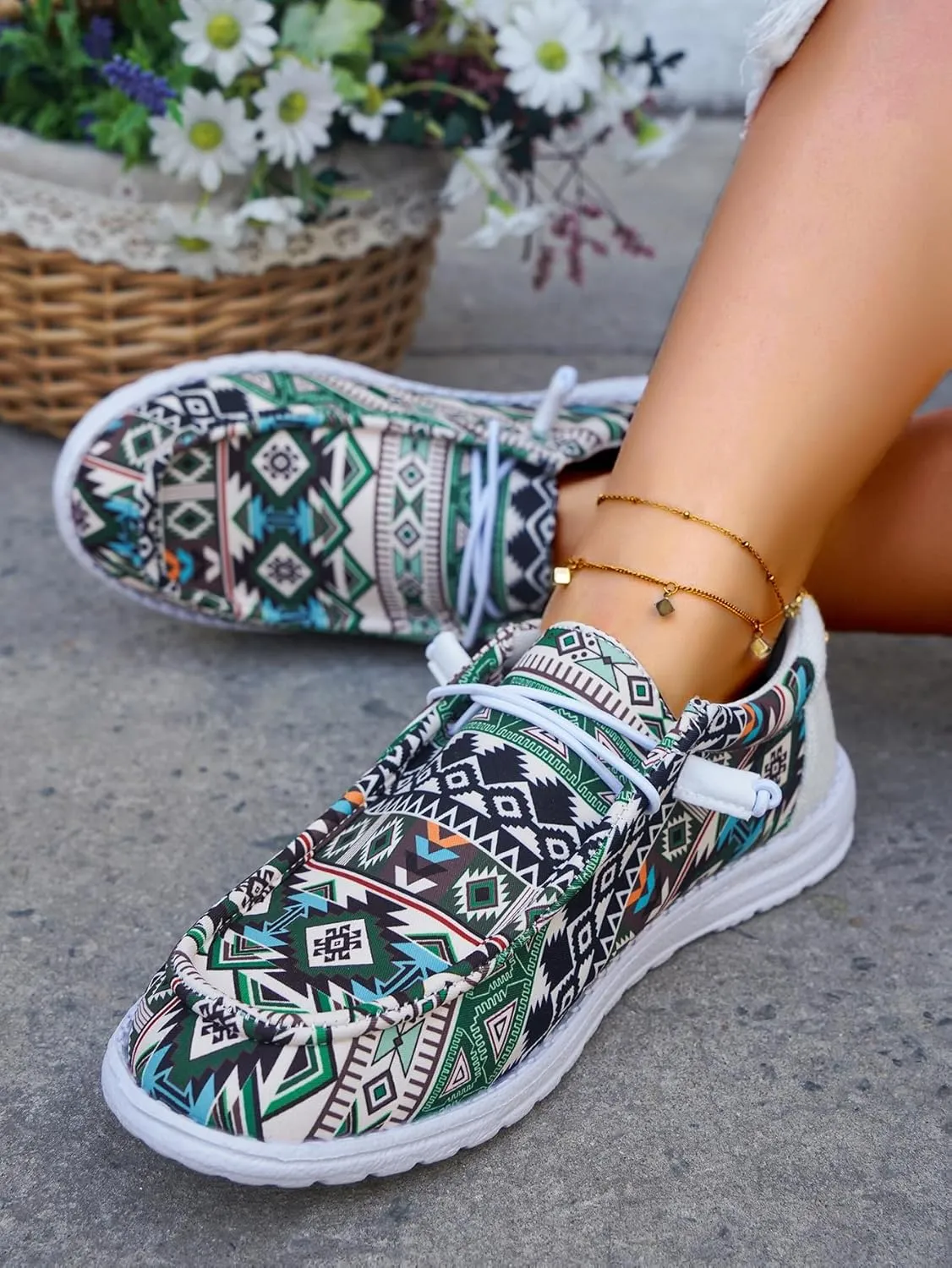 Unisex Aztec Pattern Canvas Loafers Elastic Strips Closure Slip-on Sneakers Comfort Easy-Walking Boat Couple Shoes Ultralight Breathable Sports Shoes for Women/Men Adults/Teenagers, Green/Blue/Yellow