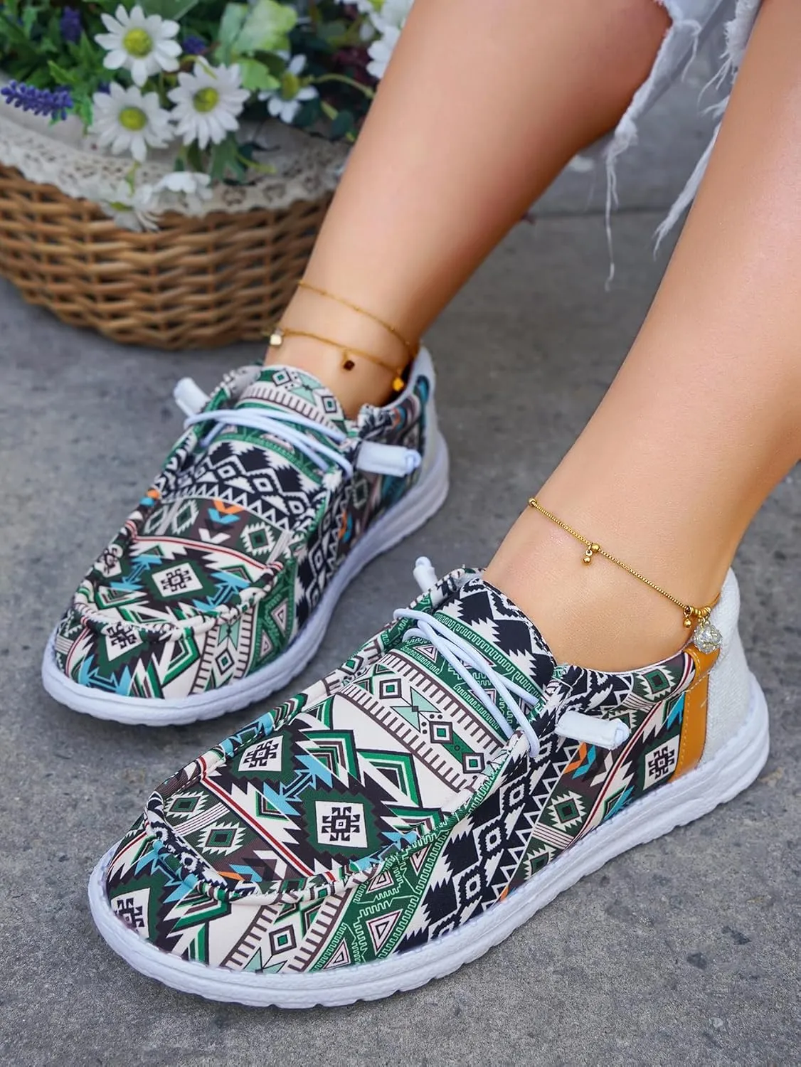 Unisex Aztec Pattern Canvas Loafers Elastic Strips Closure Slip-on Sneakers Comfort Easy-Walking Boat Couple Shoes Ultralight Breathable Sports Shoes for Women/Men Adults/Teenagers, Green/Blue/Yellow