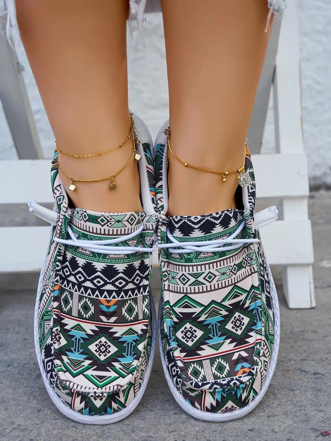Unisex Aztec Pattern Canvas Loafers Elastic Strips Closure Slip-on Sneakers Comfort Easy-Walking Boat Couple Shoes Ultralight Breathable Sports Shoes for Women/Men Adults/Teenagers, Green/Blue/Yellow