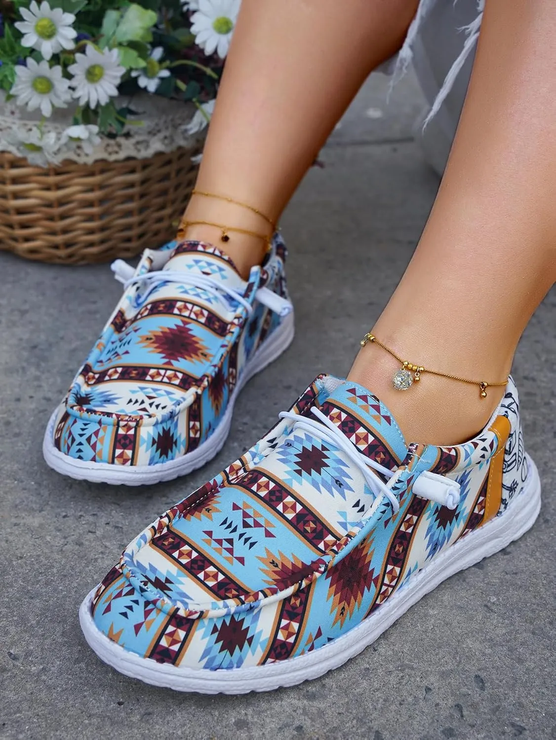 Unisex Aztec Pattern Canvas Loafers Elastic Strips Closure Slip-on Sneakers Comfort Easy-Walking Boat Couple Shoes Ultralight Breathable Sports Shoes for Women/Men Adults/Teenagers, Green/Blue/Yellow