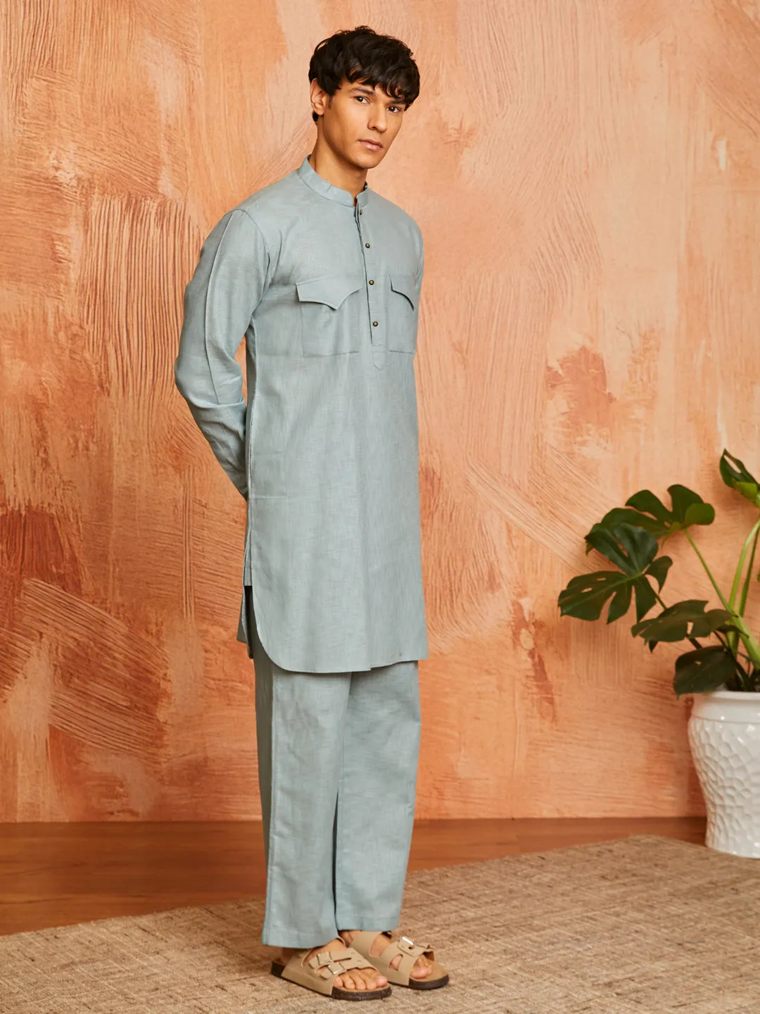 VASTRAMAY Men's Sea Green Cotton Slub Kurta and Pyjama Set