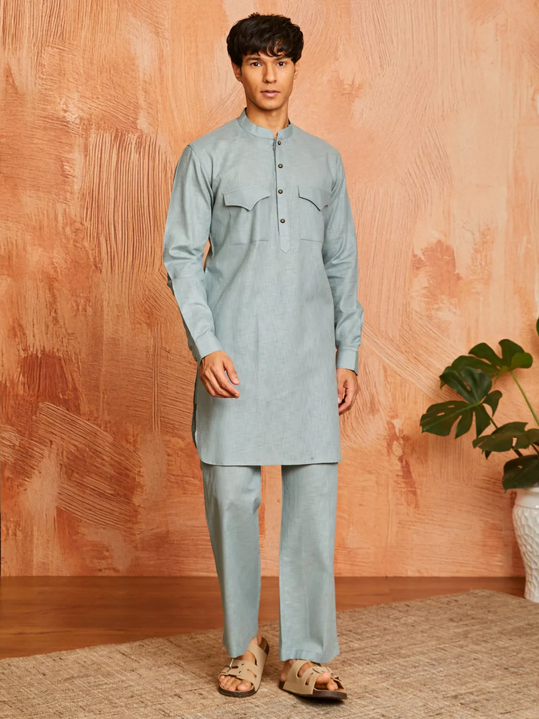 VASTRAMAY Men's Sea Green Cotton Slub Kurta and Pyjama Set