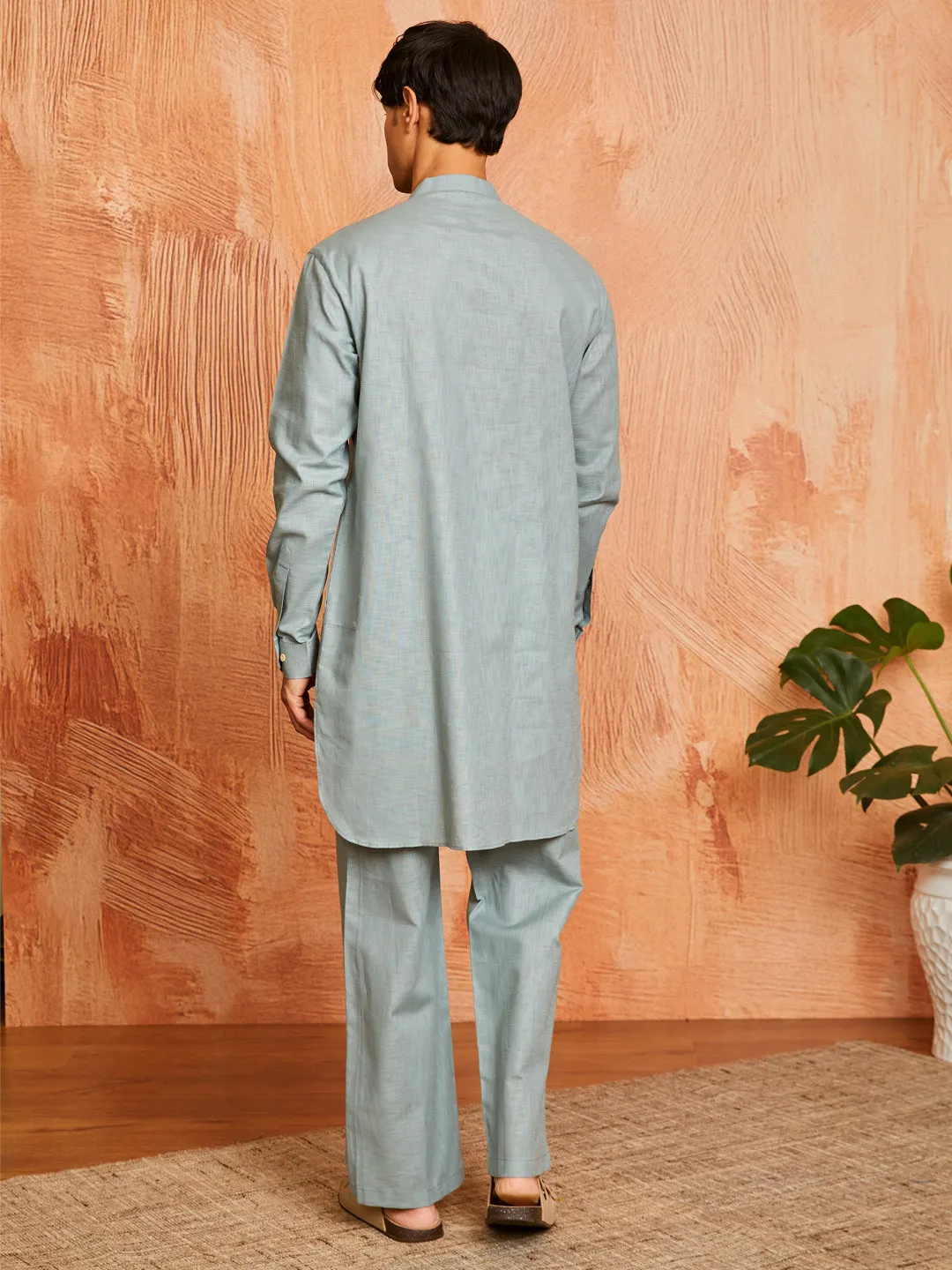 VASTRAMAY Men's Sea Green Cotton Slub Kurta and Pyjama Set