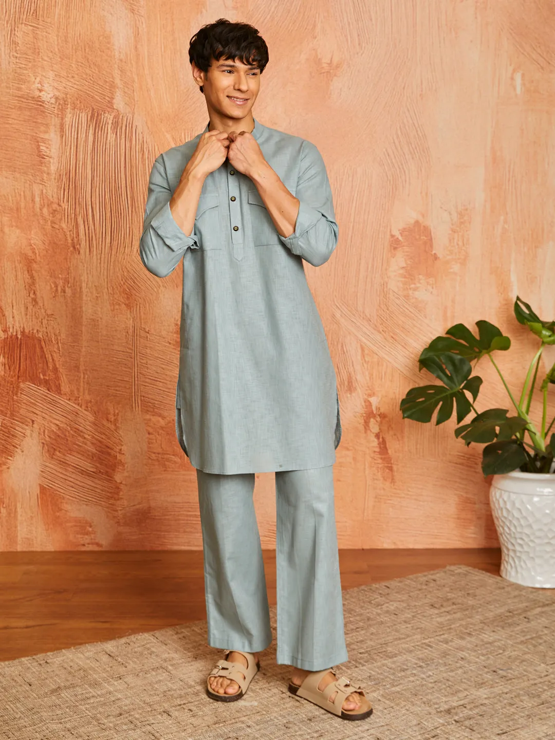 VASTRAMAY Men's Sea Green Cotton Slub Kurta and Pyjama Set
