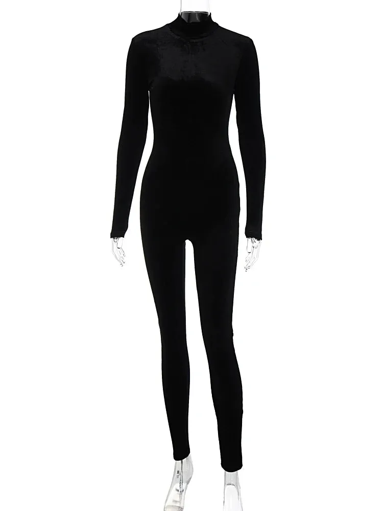 Velvet Turtleneck Zip-Up Jumpsuit