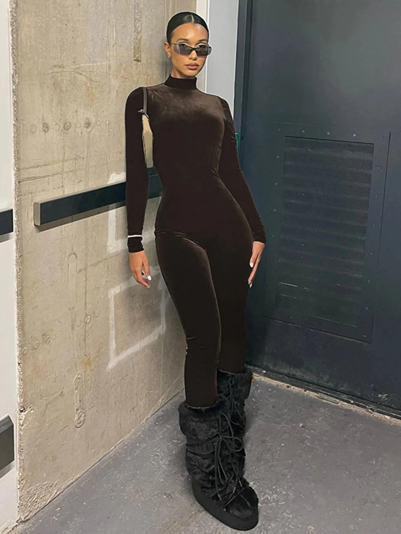 Velvet Turtleneck Zip-Up Jumpsuit