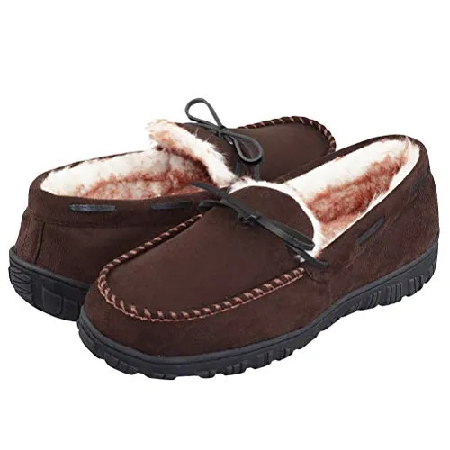VLLY Mens Slippers Moccasins for Men Size 10 Cozy Pile Lined with Microsuede Upper Indoor Outdoor Slip On House Shoes Darkbrown