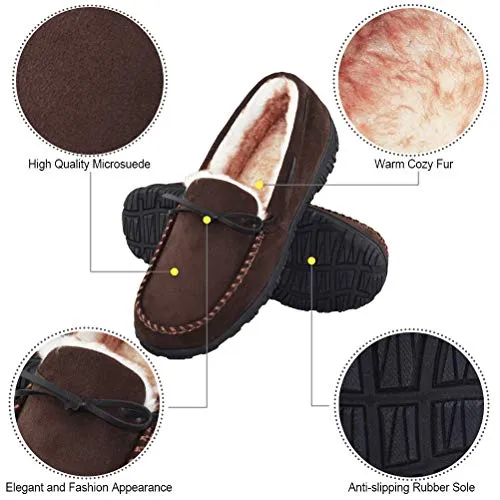 VLLY Mens Slippers Moccasins for Men Size 10 Cozy Pile Lined with Microsuede Upper Indoor Outdoor Slip On House Shoes Darkbrown