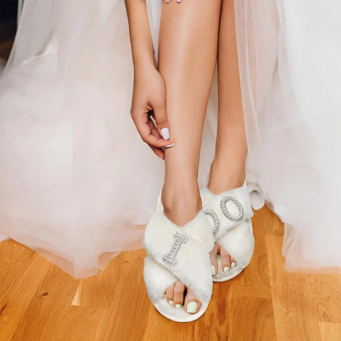 VOPHIA Bride Fuzzy Slippers - Cross Band Soft Wedding Slippers for Bridal Shower