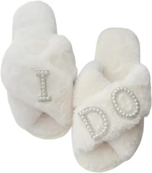 VOPHIA Bride Fuzzy Slippers - Cross Band Soft Wedding Slippers for Bridal Shower