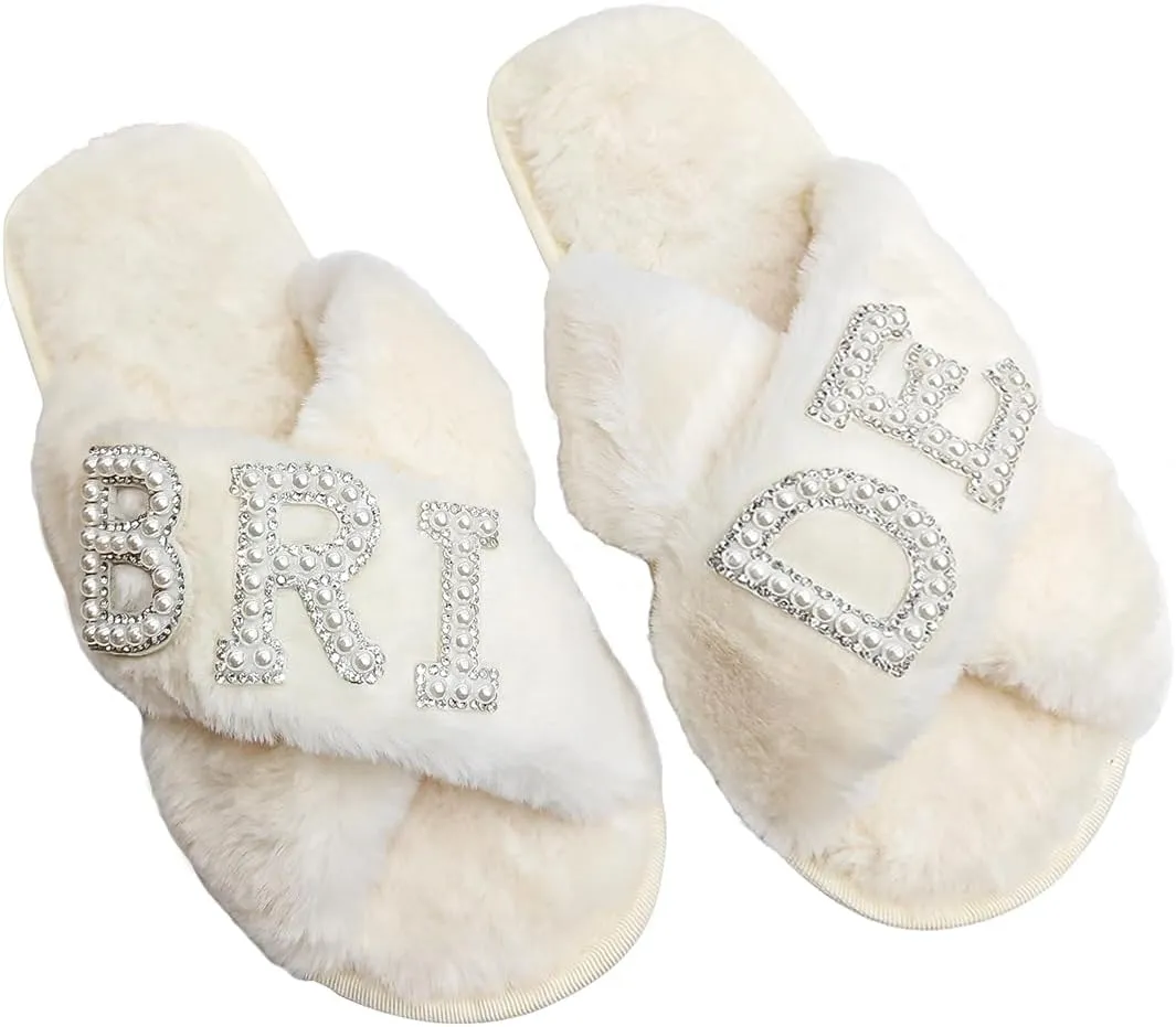 VOPHIA Bride Fuzzy Slippers - Cross Band Soft Wedding Slippers for Bridal Shower