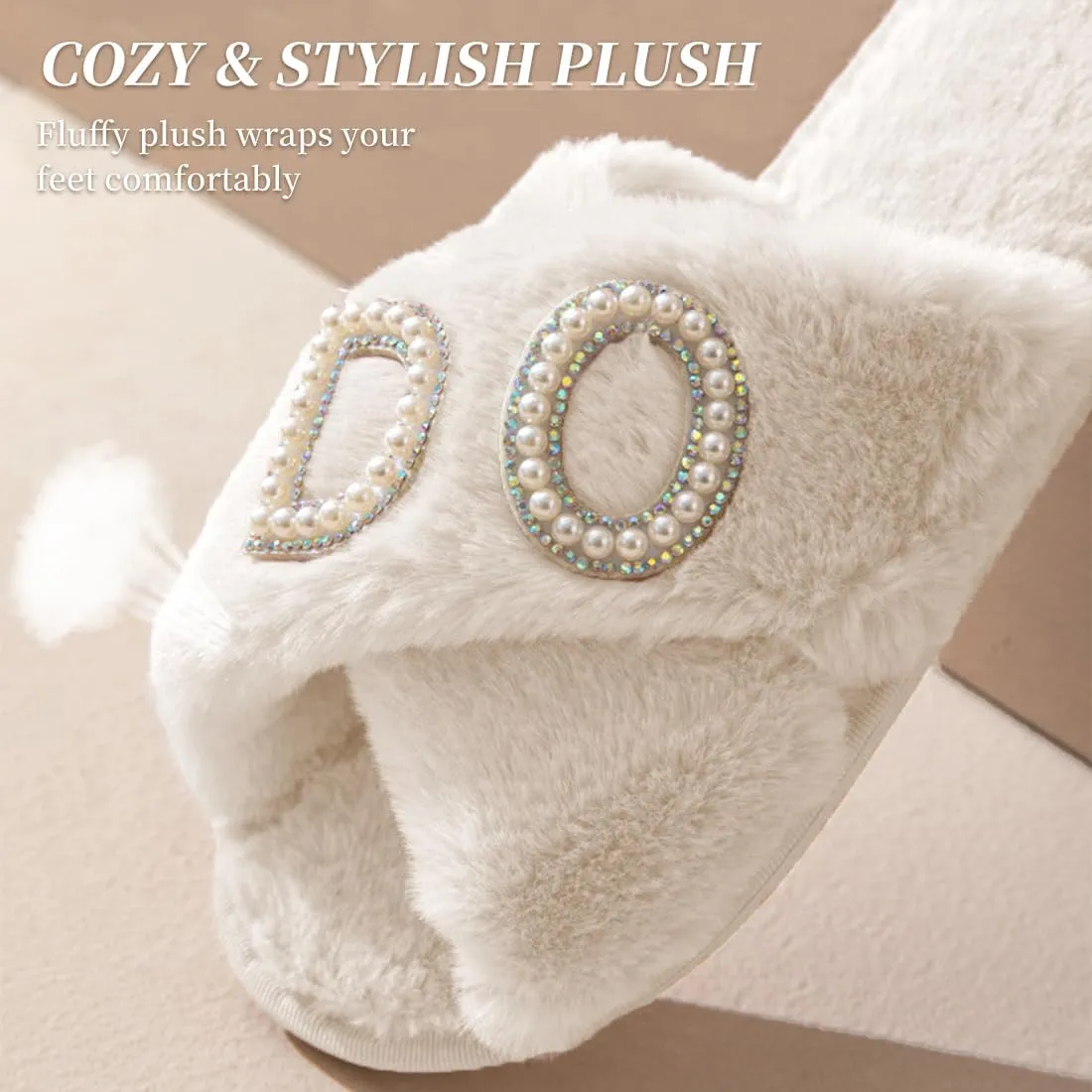 VOPHIA Bride Fuzzy Slippers - Cross Band Soft Wedding Slippers for Bridal Shower