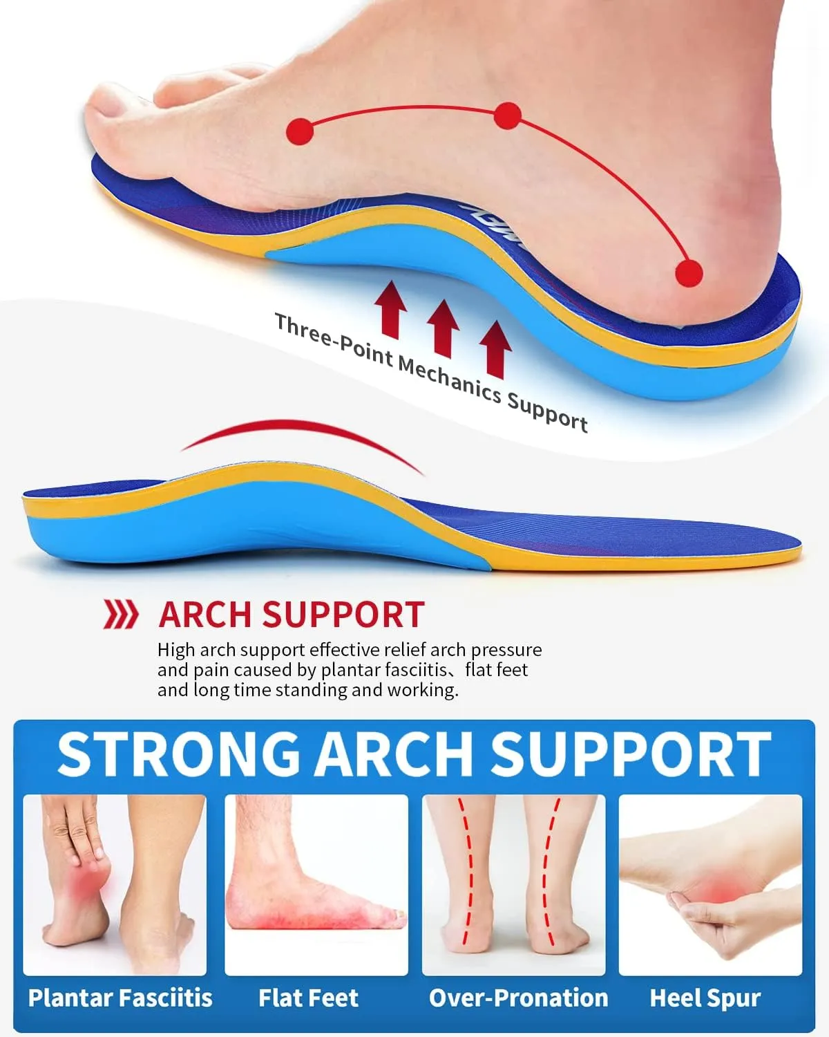 Walkomfy Plantar Fasciitis Relief Arch Support Insoles for Men Women, Flat Feet Shin Splints Heel Pain Orthotic Inserts, Heavy Duty Support 220 lbs Work Boots Gel Shoe Insoles
