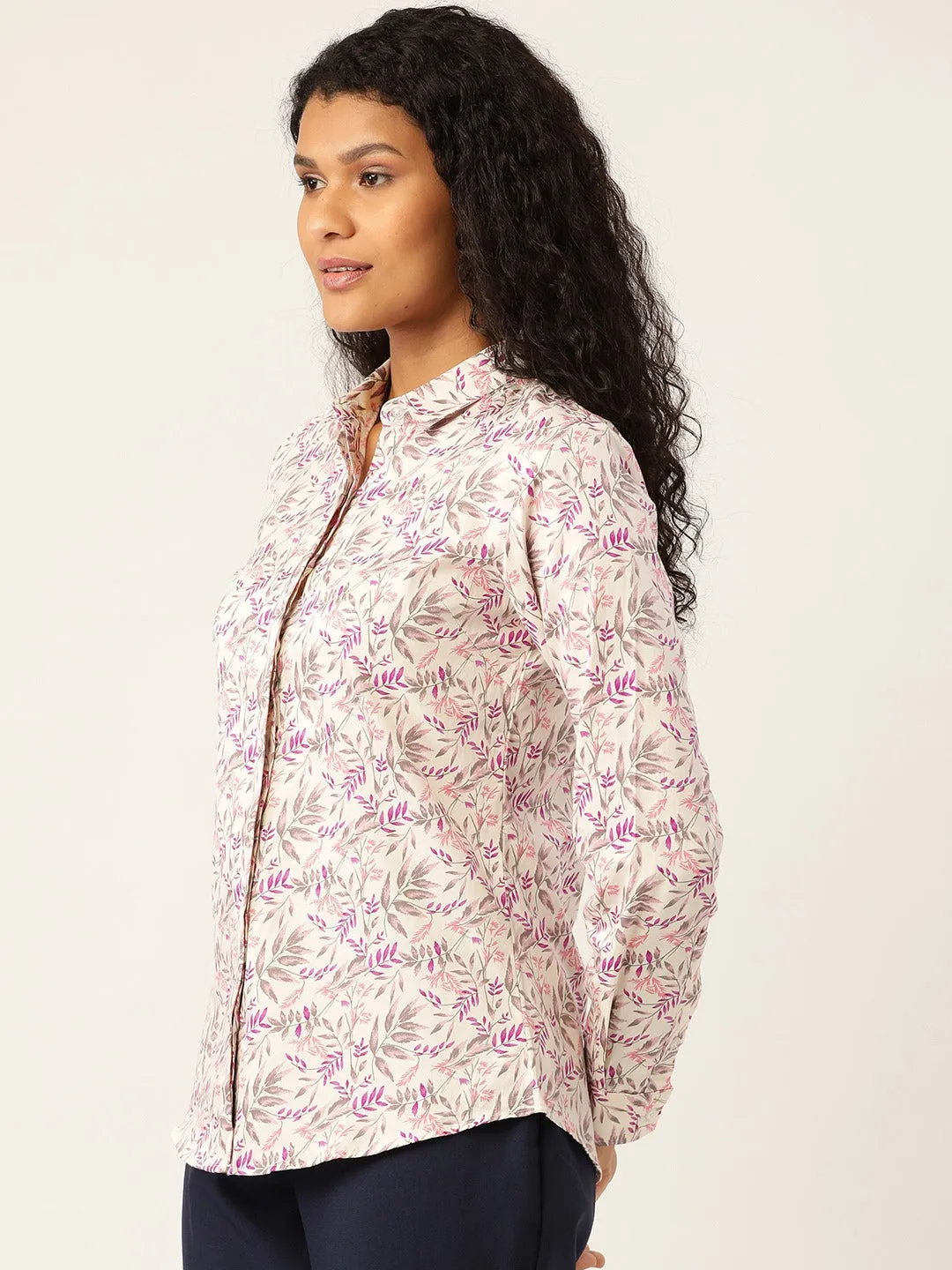 Women Cream & Purple Prints Pure Cotton Slim Fit Formal Shirt