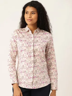 Women Cream & Purple Prints Pure Cotton Slim Fit Formal Shirt