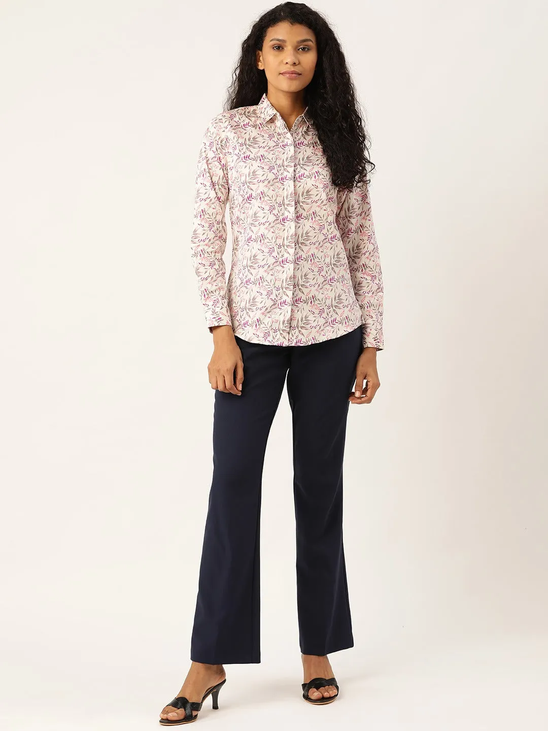 Women Cream & Purple Prints Pure Cotton Slim Fit Formal Shirt