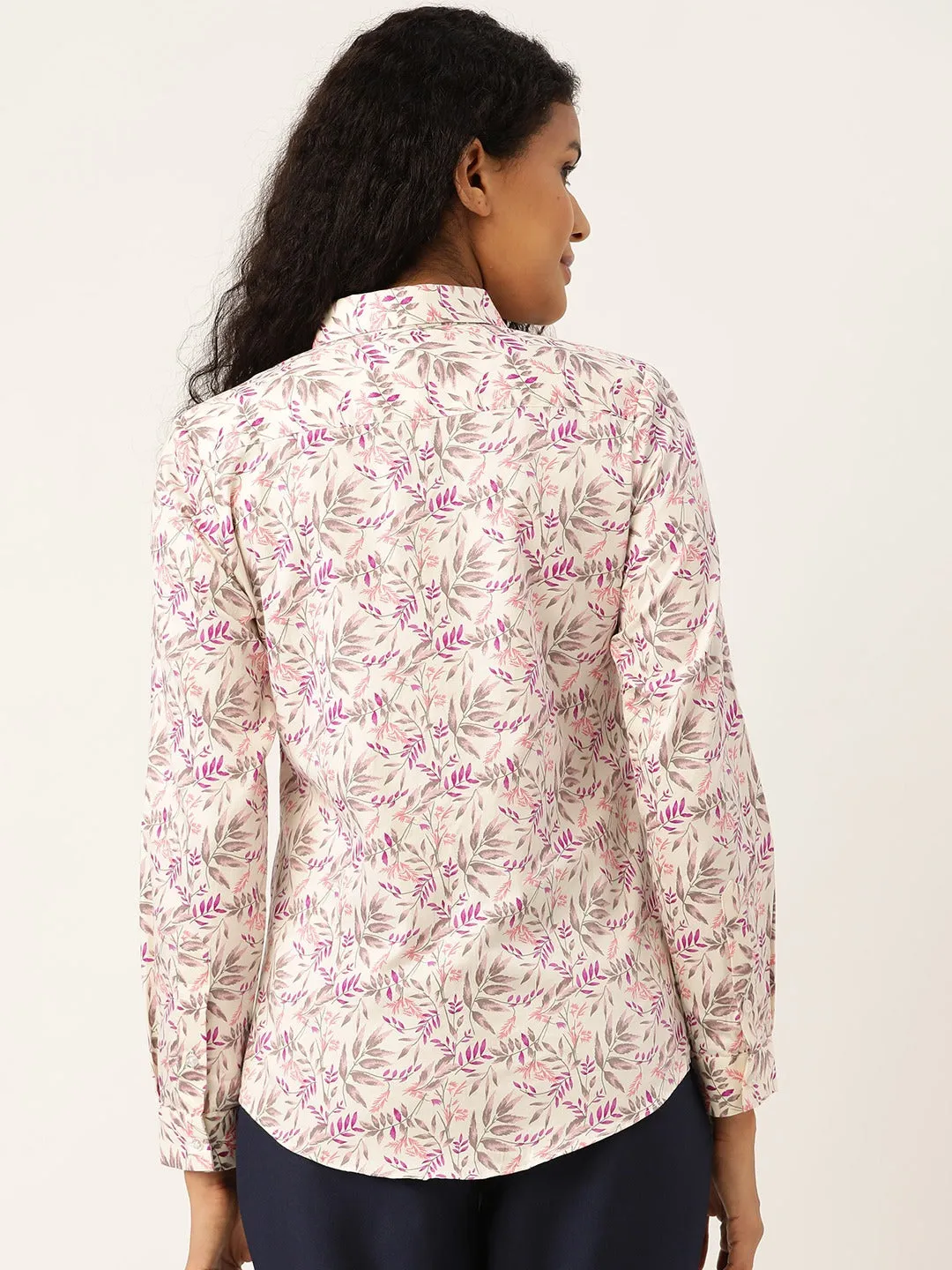 Women Cream & Purple Prints Pure Cotton Slim Fit Formal Shirt
