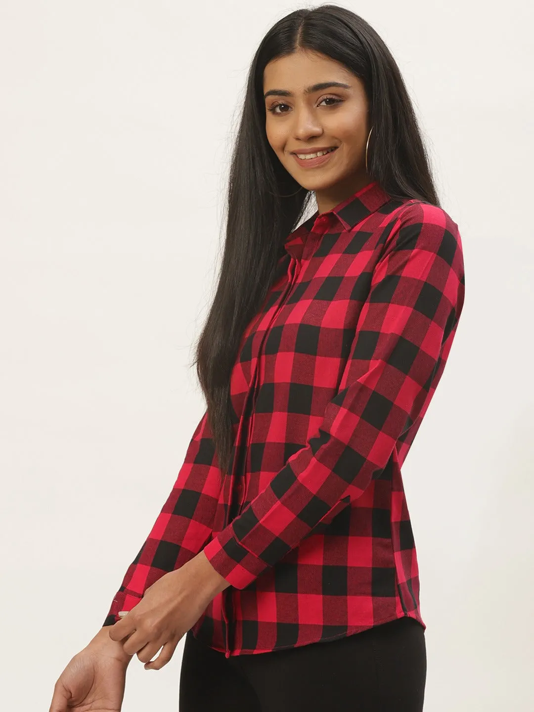 Women Red & BLack Checks Pure Cotton Slim Fit Formal Shirt