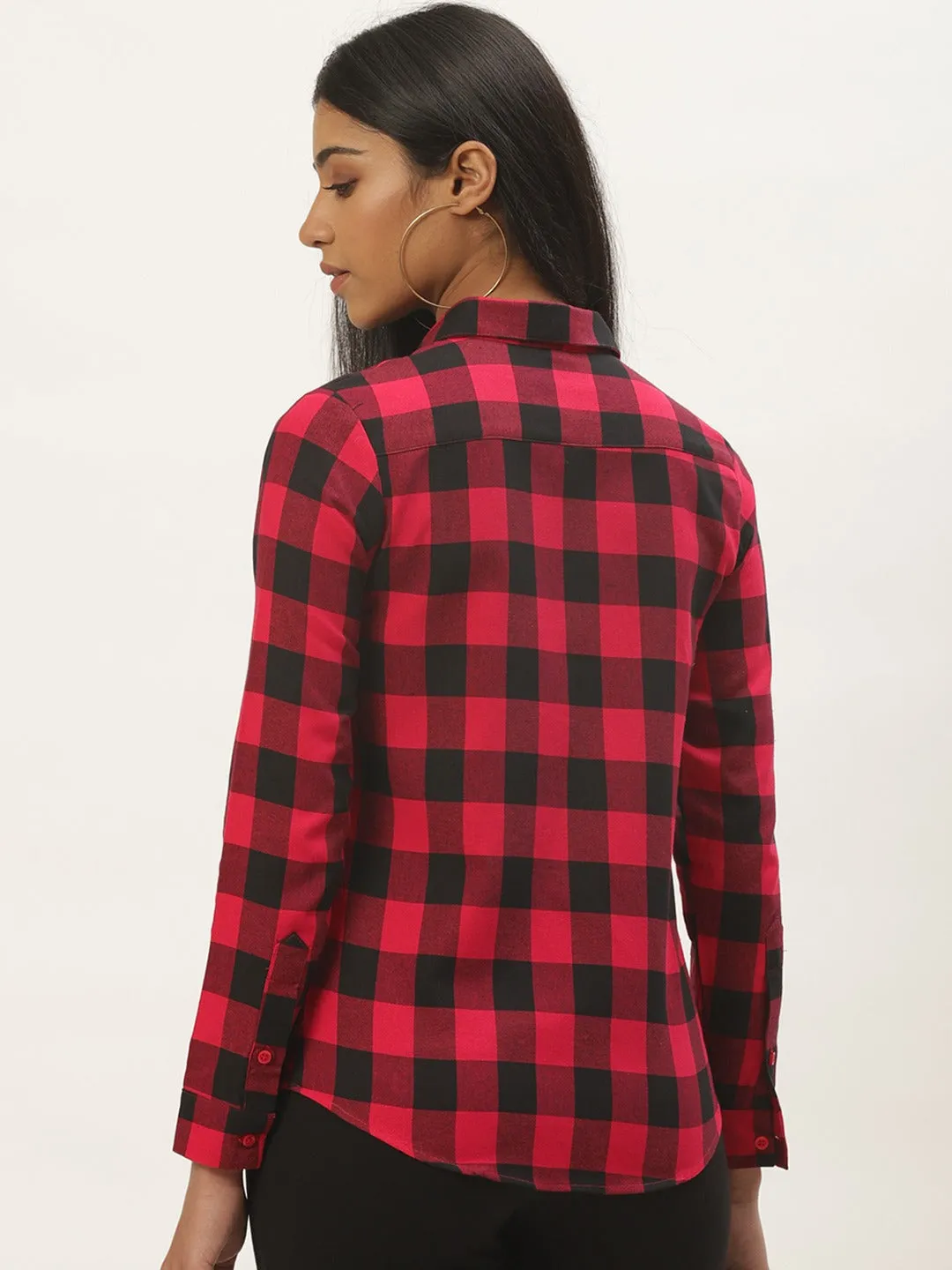 Women Red & BLack Checks Pure Cotton Slim Fit Formal Shirt