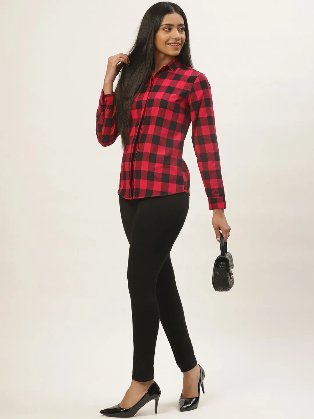 Women Red & BLack Checks Pure Cotton Slim Fit Formal Shirt