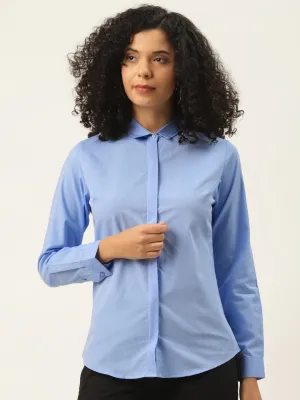 Women Sky Blue Solids Pure Cotton Slim Fit Formal Shirt