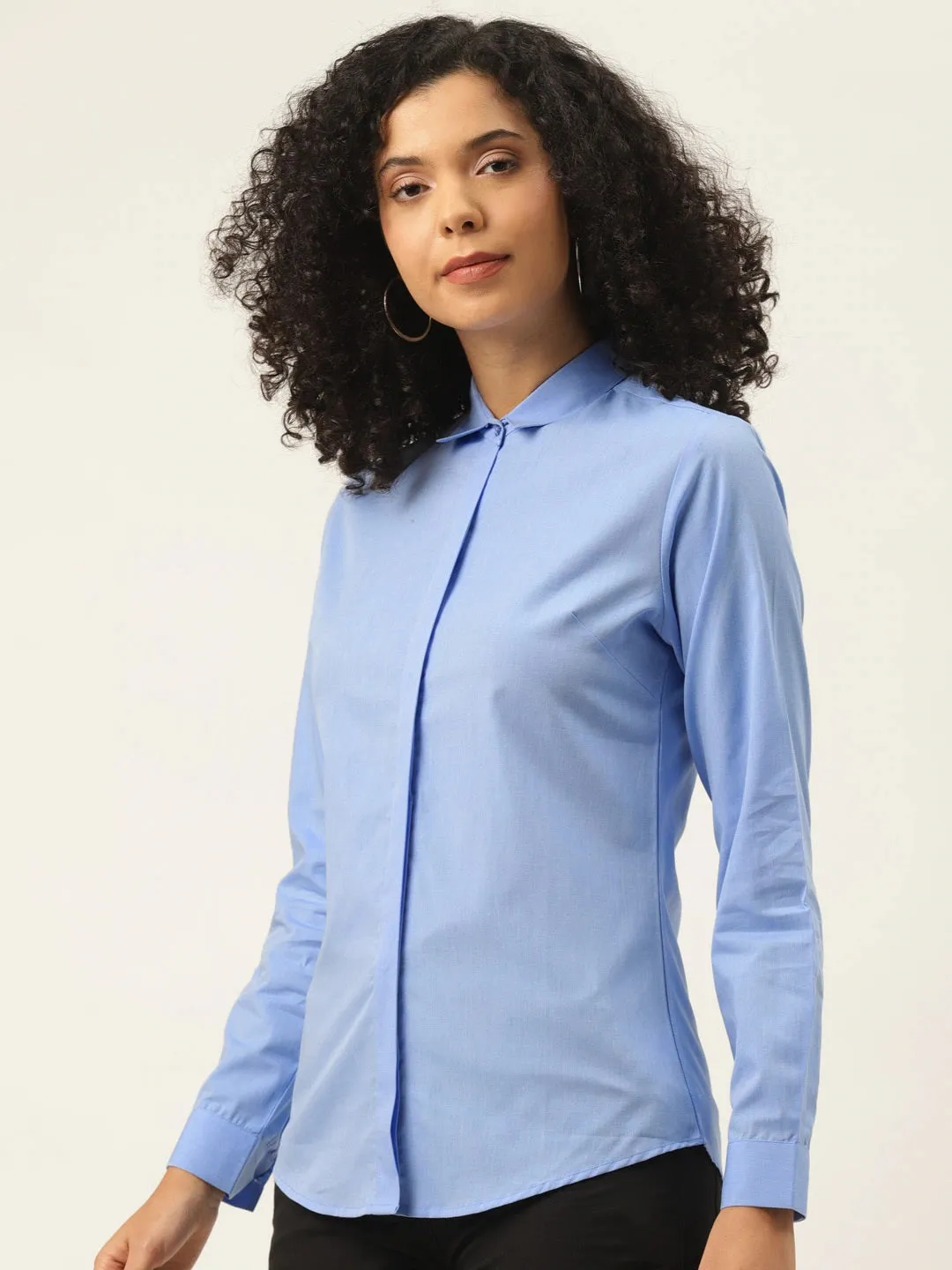 Women Sky Blue Solids Pure Cotton Slim Fit Formal Shirt