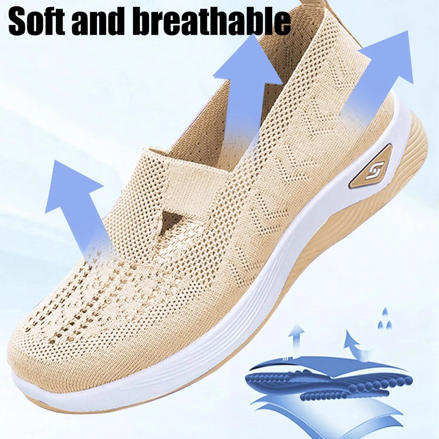 Women Walking Shoes Cushion Orthopedic Diabetic Shoes with Arch-Support Mule Breathable Flying Woven Mesh Upper Casual Sneakers Ladies Air Cushion Athletic Shoe Non-Slip Jogging Sneakers