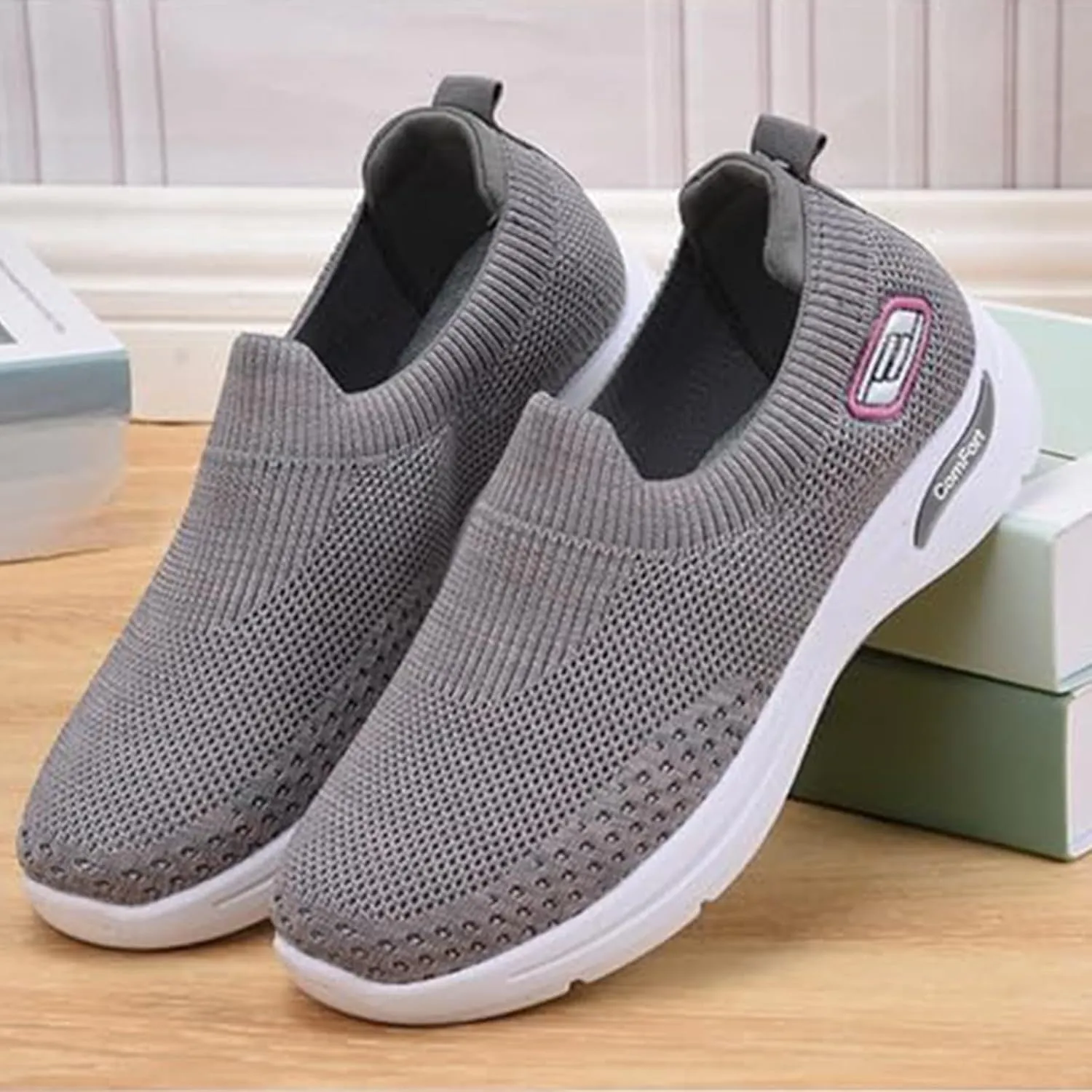 Women's Orthopedic Shoes Lightweight Breathable Knitted Sneakers Casual Comfortable Low Top Work Walking Shoes Fashion Soft Sole Slip On Sneaker with Arch Support
