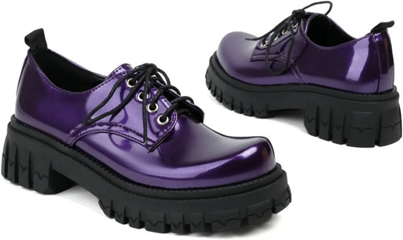 Women's Patent Leather Platform Chunky Lace-up Round Toe Wingtip Oxford Shoes Non-Slip Lug Sole Dress Shoe for Walking Prom Work