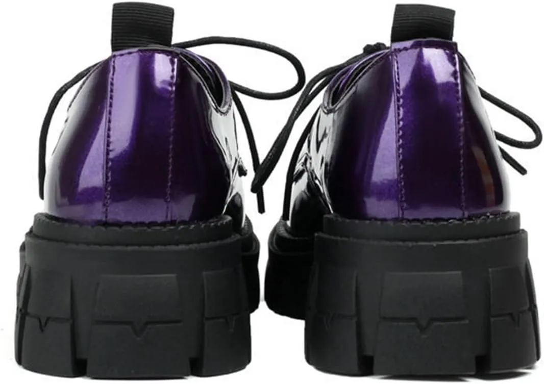 Women's Patent Leather Platform Chunky Lace-up Round Toe Wingtip Oxford Shoes Non-Slip Lug Sole Dress Shoe for Walking Prom Work