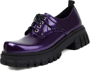 Women's Patent Leather Platform Chunky Lace-up Round Toe Wingtip Oxford Shoes Non-Slip Lug Sole Dress Shoe for Walking Prom Work