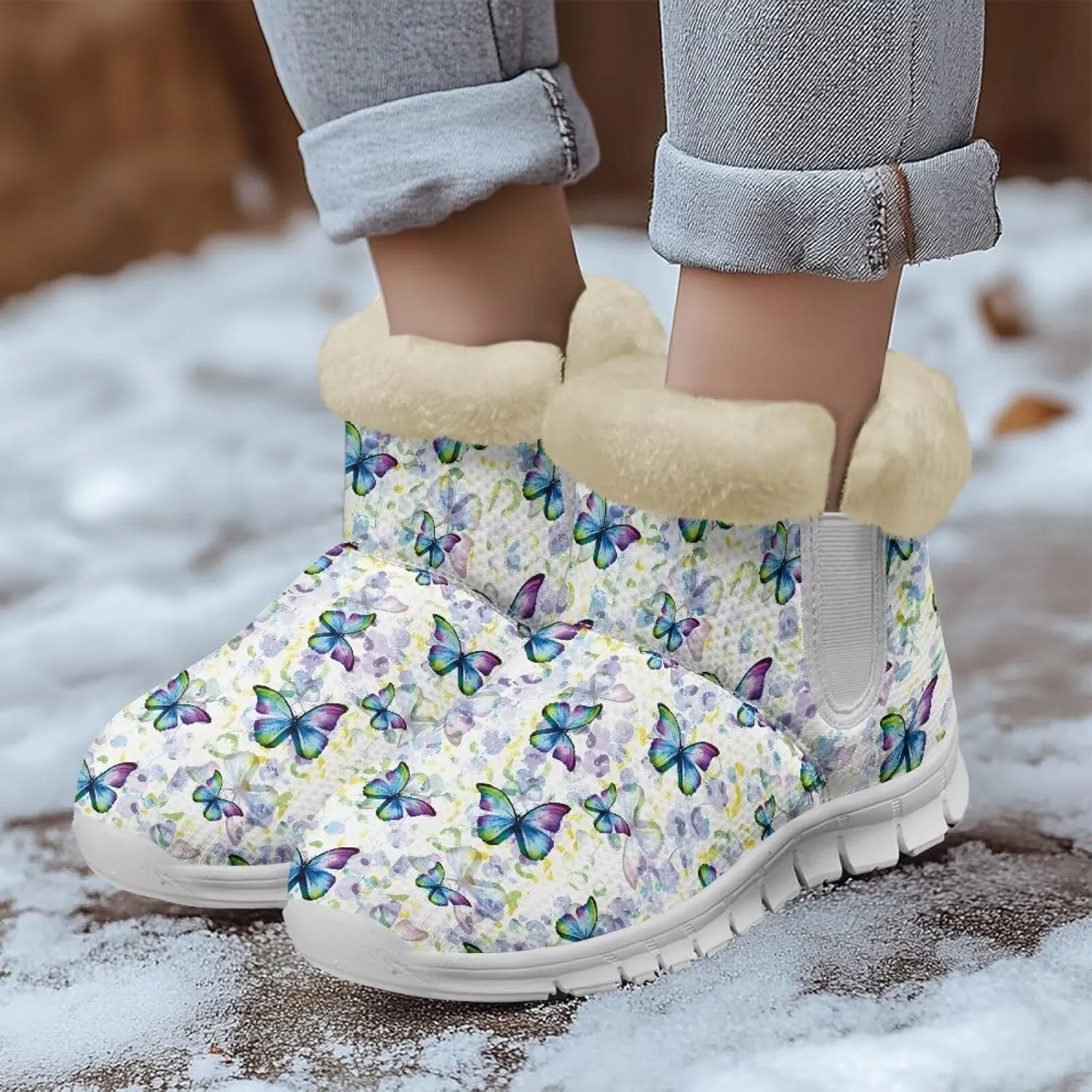 Womens Snow Boots White Sole Booties Short Ankle Boots Mid Calf Winter Boots Wide Width Slip On Boots Warm Shoes