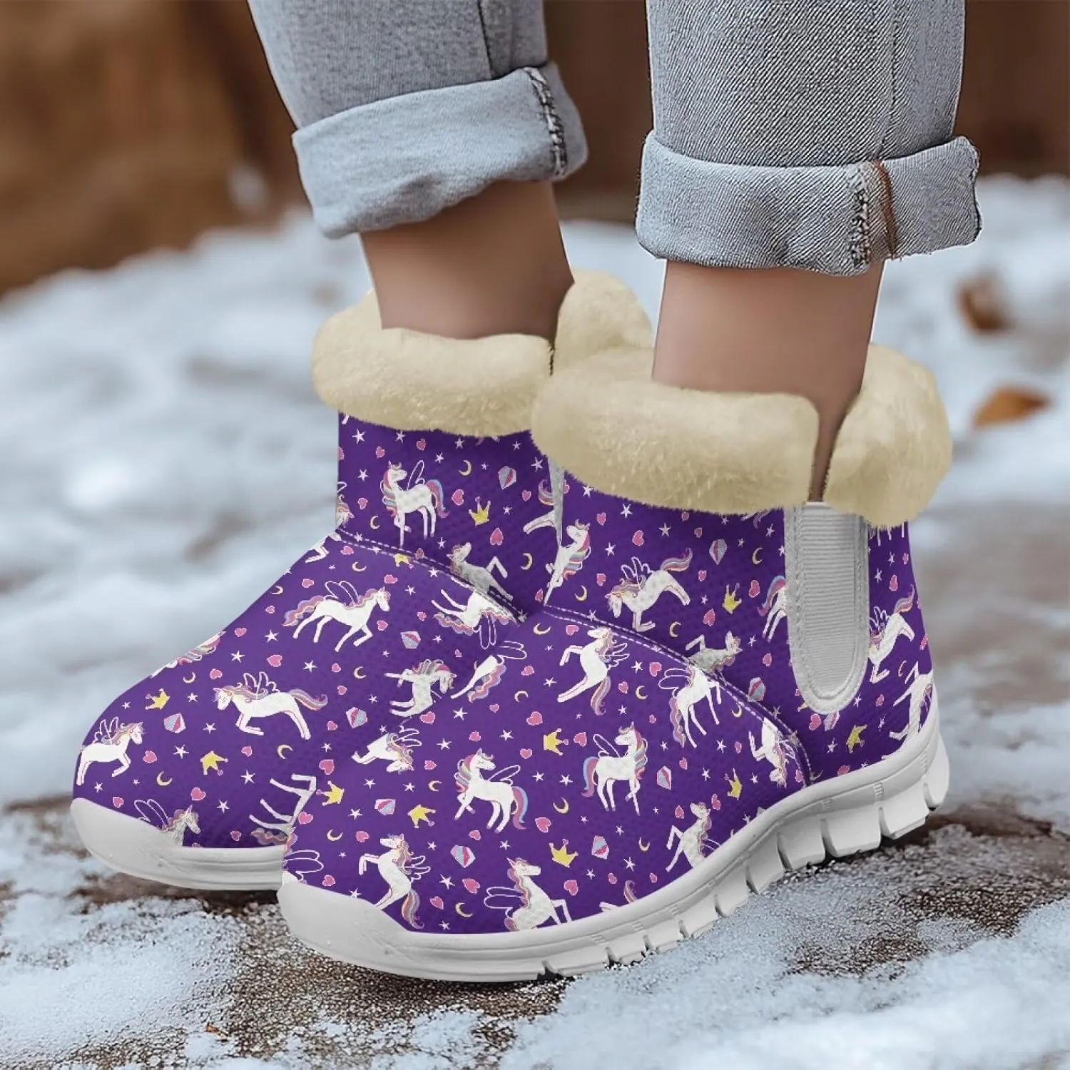 Womens Snow Boots White Sole Booties Short Ankle Boots Mid Calf Winter Boots Wide Width Slip On Boots Warm Shoes