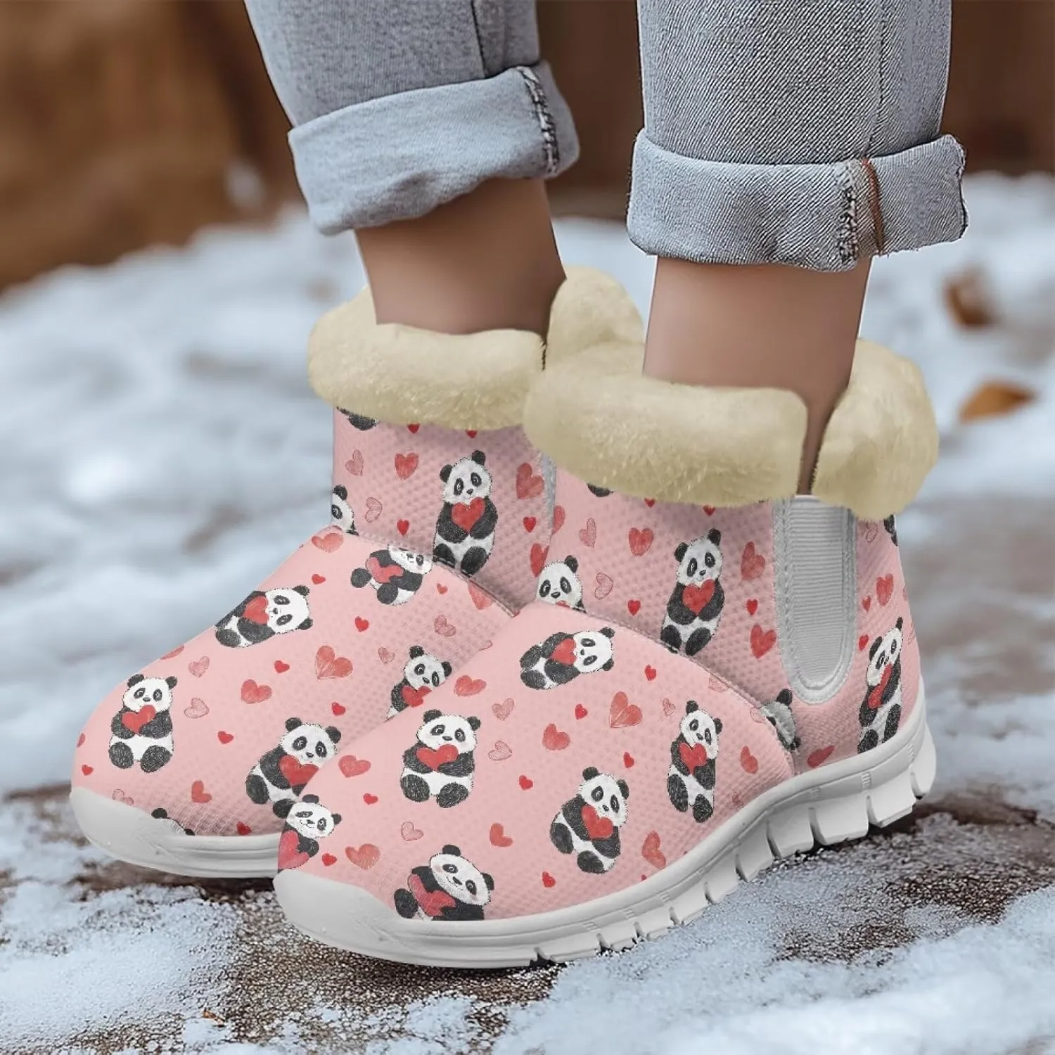 Womens Snow Boots White Sole Booties Short Ankle Boots Mid Calf Winter Boots Wide Width Slip On Boots Warm Shoes