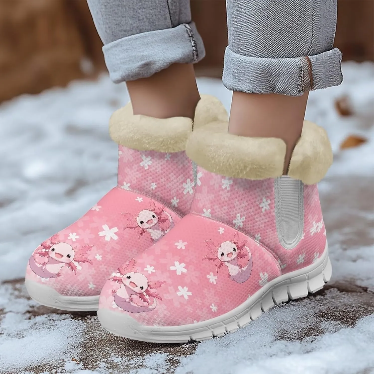 Womens Snow Boots White Sole Booties Short Ankle Boots Mid Calf Winter Boots Wide Width Slip On Boots Warm Shoes