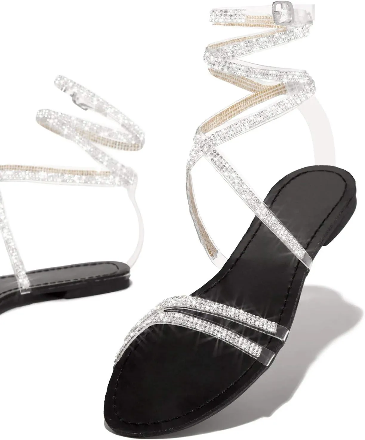 Women's Sparkly Rhinestone Strappy Flat Sandals with Back Elastic Ankle Strap Lace Up Trendy Open Toe Slip on Summer Beach Prom Party Work Comfortable Dressy Shoes