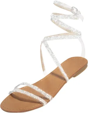 Women's Sparkly Rhinestone Strappy Flat Sandals with Back Elastic Ankle Strap Lace Up Trendy Open Toe Slip on Summer Beach Prom Party Work Comfortable Dressy Shoes