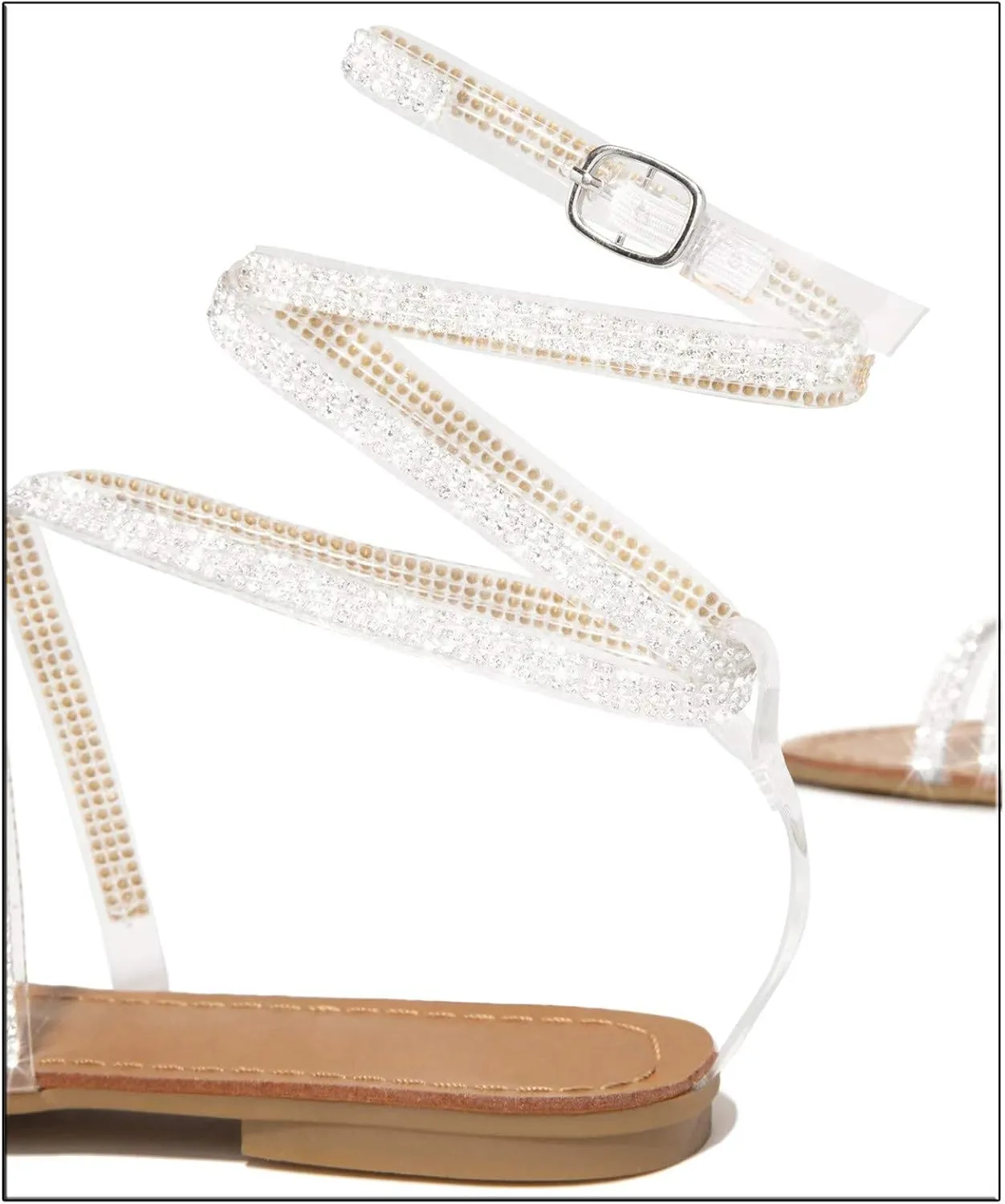 Women's Sparkly Rhinestone Strappy Flat Sandals with Back Elastic Ankle Strap Lace Up Trendy Open Toe Slip on Summer Beach Prom Party Work Comfortable Dressy Shoes