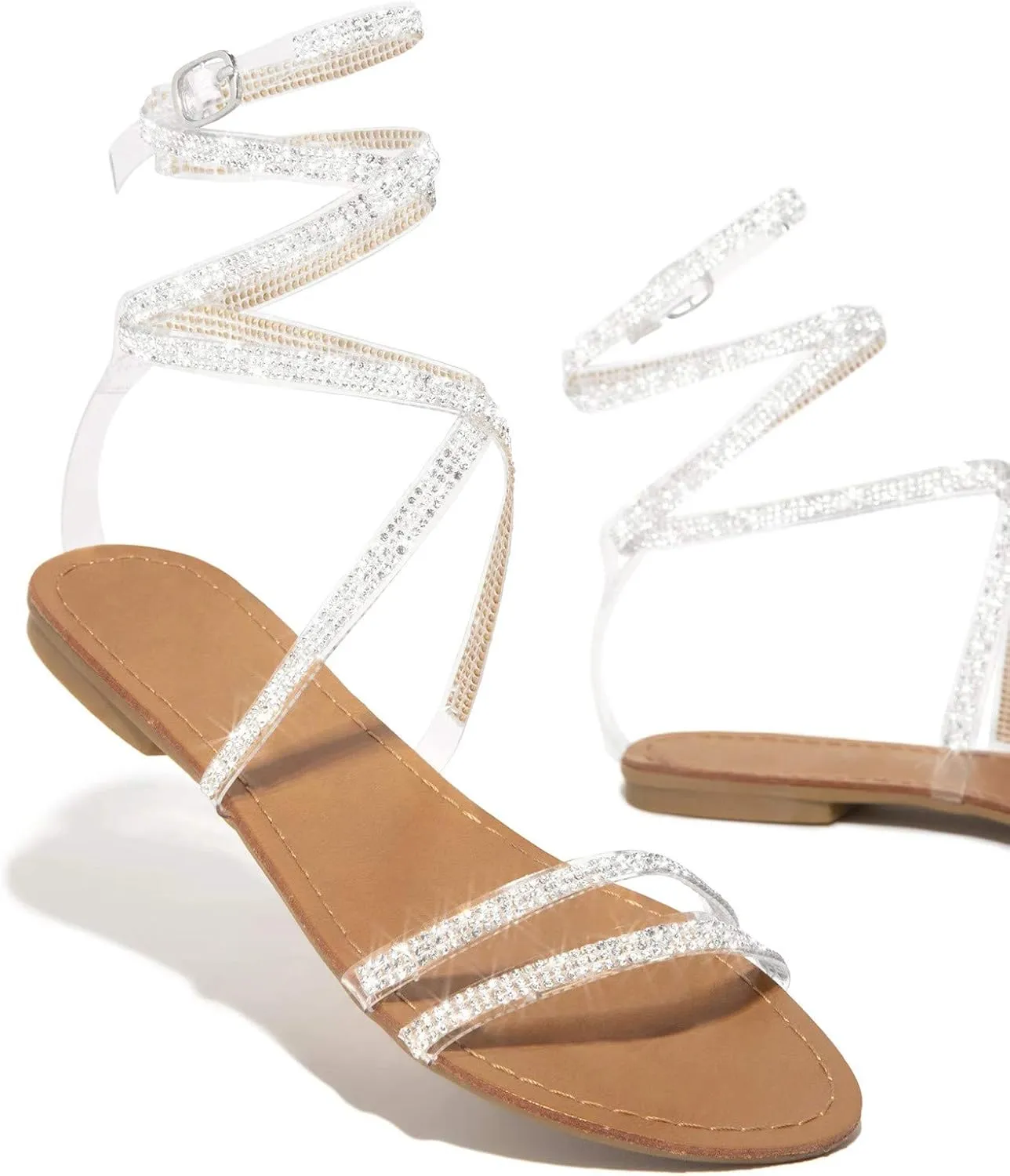 Women's Sparkly Rhinestone Strappy Flat Sandals with Back Elastic Ankle Strap Lace Up Trendy Open Toe Slip on Summer Beach Prom Party Work Comfortable Dressy Shoes