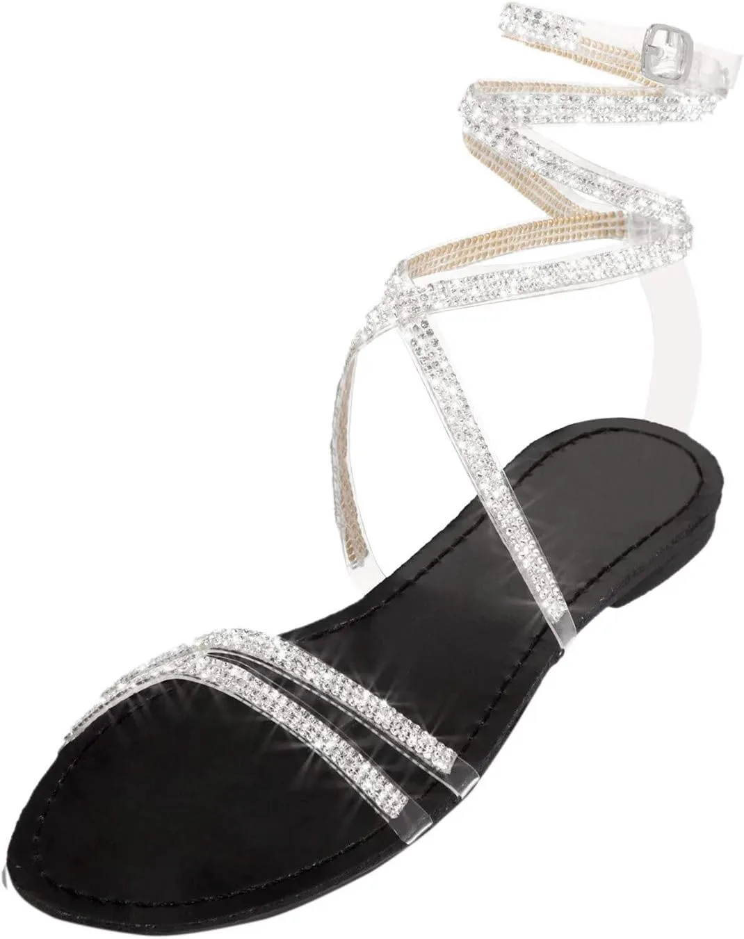 Women's Sparkly Rhinestone Strappy Flat Sandals with Back Elastic Ankle Strap Lace Up Trendy Open Toe Slip on Summer Beach Prom Party Work Comfortable Dressy Shoes