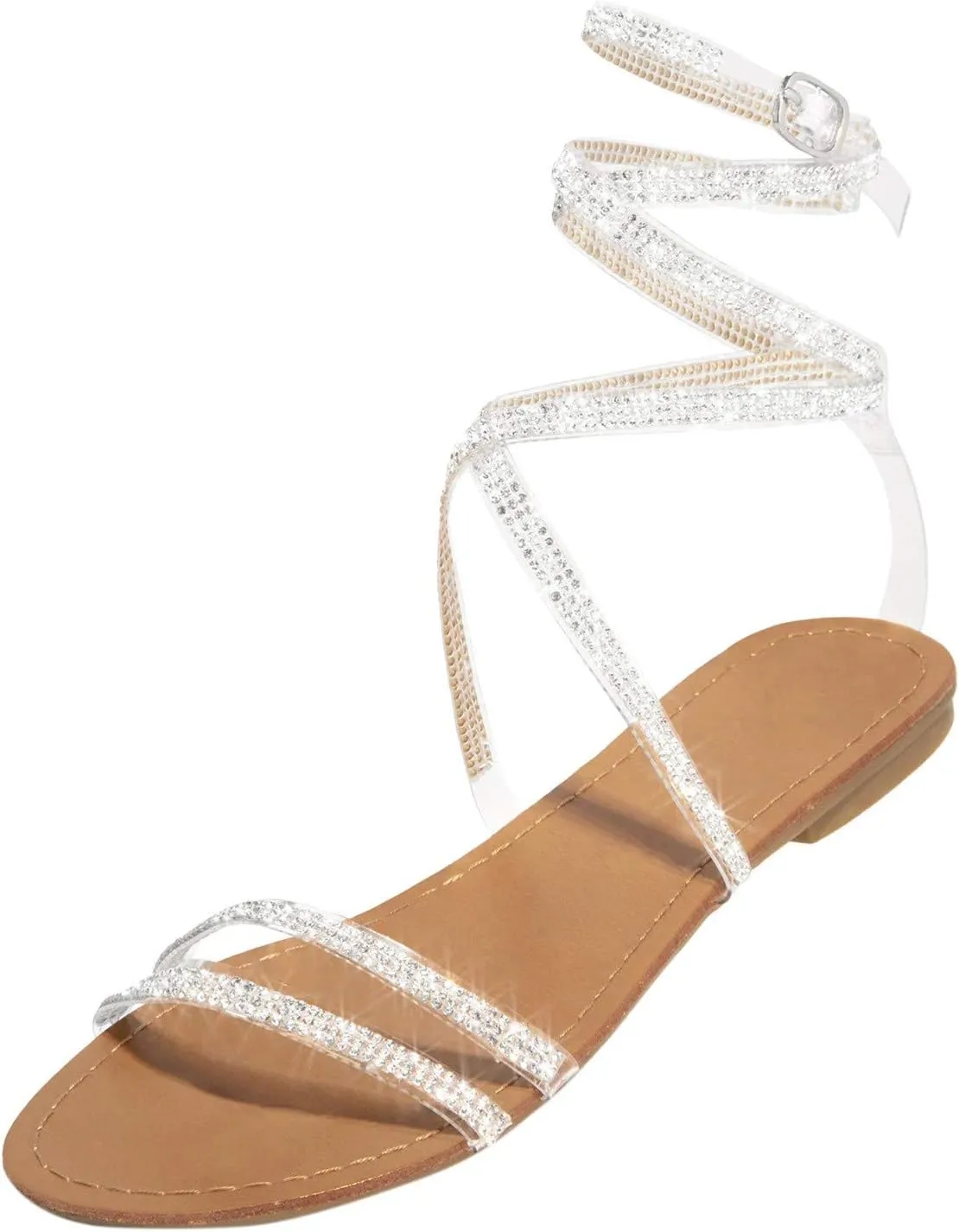 Women's Sparkly Rhinestone Strappy Flat Sandals with Back Elastic Ankle Strap Lace Up Trendy Open Toe Slip on Summer Beach Prom Party Work Comfortable Dressy Shoes