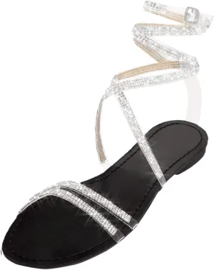 Women's Sparkly Rhinestone Strappy Flat Sandals with Back Elastic Ankle Strap Lace Up Trendy Open Toe Slip on Summer Beach Prom Party Work Comfortable Dressy Shoes