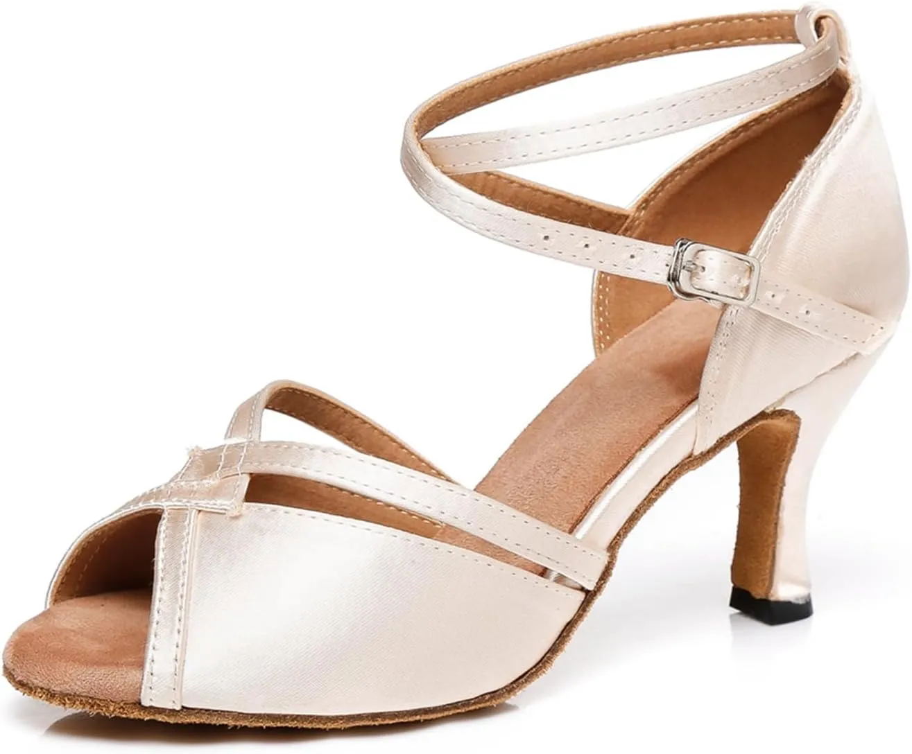 Women's Stylish Peep Toe Satin Ballroom Tango Party Wedding Prom Professional Dance Shoes Nude US 10