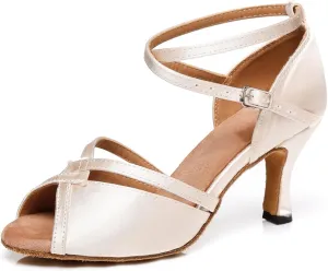 Women's Stylish Peep Toe Satin Ballroom Tango Party Wedding Prom Professional Dance Shoes Nude US 10