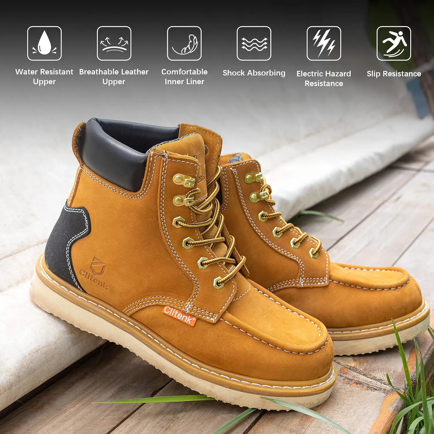 Work Boots Men MOC TOE, Soft Toe 6 Full Grain Leather Breathable Water Resistant, Non Slip Wedge Comfortable Mens Work Boots Lightweight