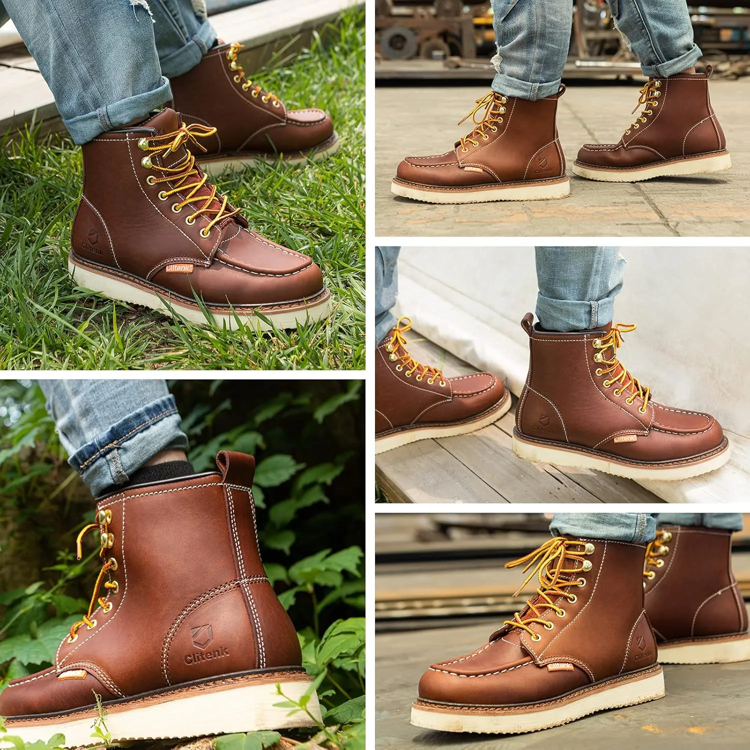 Work Boots Men MOC TOE, Soft Toe 6 Full Grain Leather Breathable Water Resistant, Non Slip Wedge Comfortable Mens Work Boots Lightweight