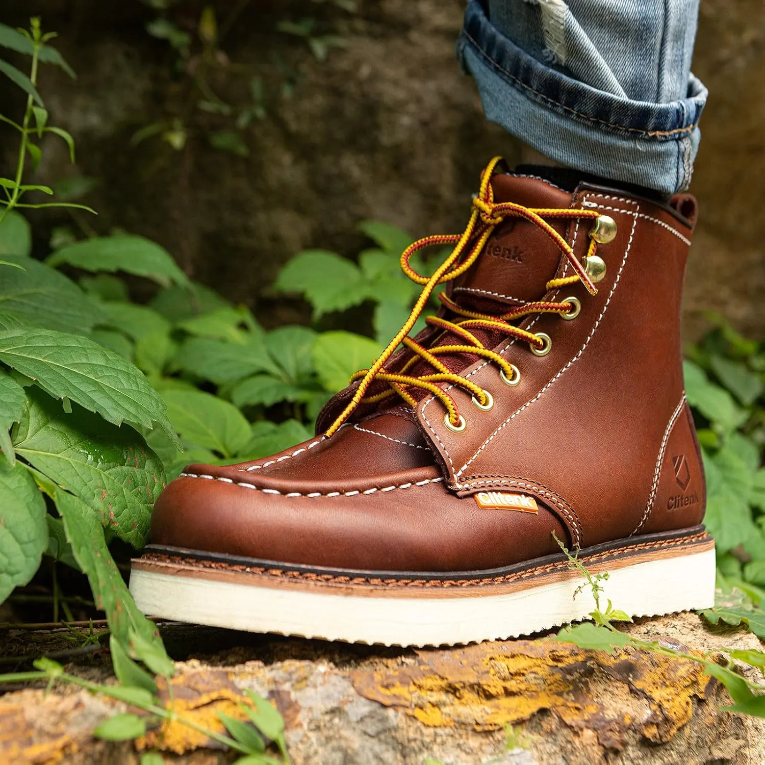 Work Boots Men MOC TOE, Soft Toe 6 Full Grain Leather Breathable Water Resistant, Non Slip Wedge Comfortable Mens Work Boots Lightweight