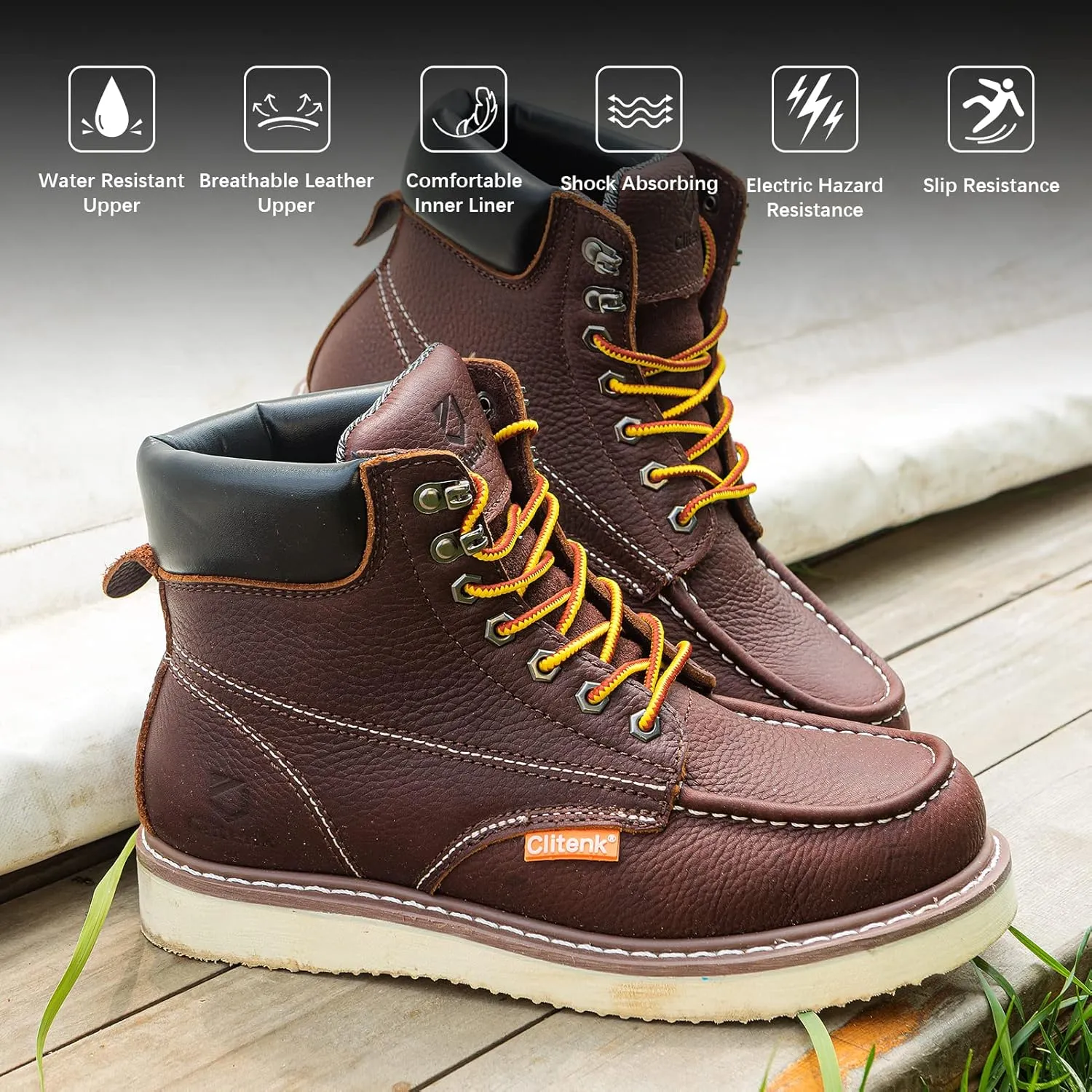 Work Boots Men MOC TOE, Soft Toe 6 Full Grain Leather Breathable Water Resistant, Non Slip Wedge Comfortable Mens Work Boots Lightweight