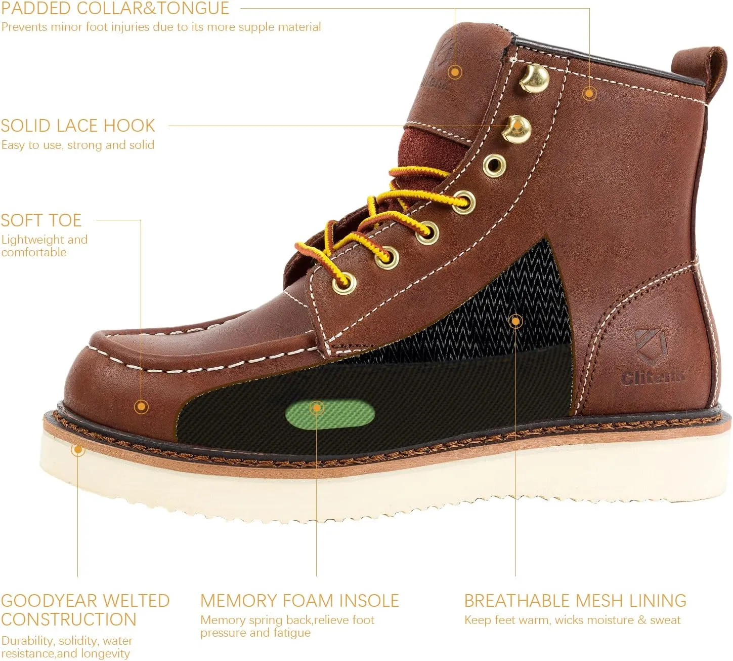 Work Boots Men MOC TOE, Soft Toe 6 Full Grain Leather Breathable Water Resistant, Non Slip Wedge Comfortable Mens Work Boots Lightweight