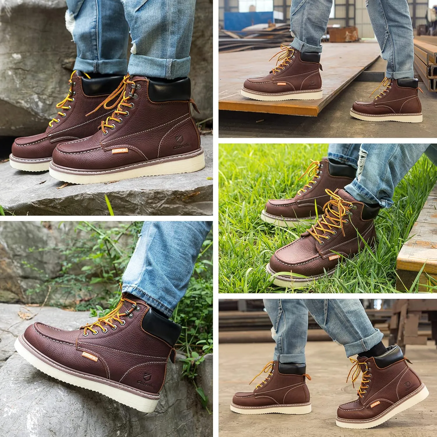 Work Boots Men MOC TOE, Soft Toe 6 Full Grain Leather Breathable Water Resistant, Non Slip Wedge Comfortable Mens Work Boots Lightweight